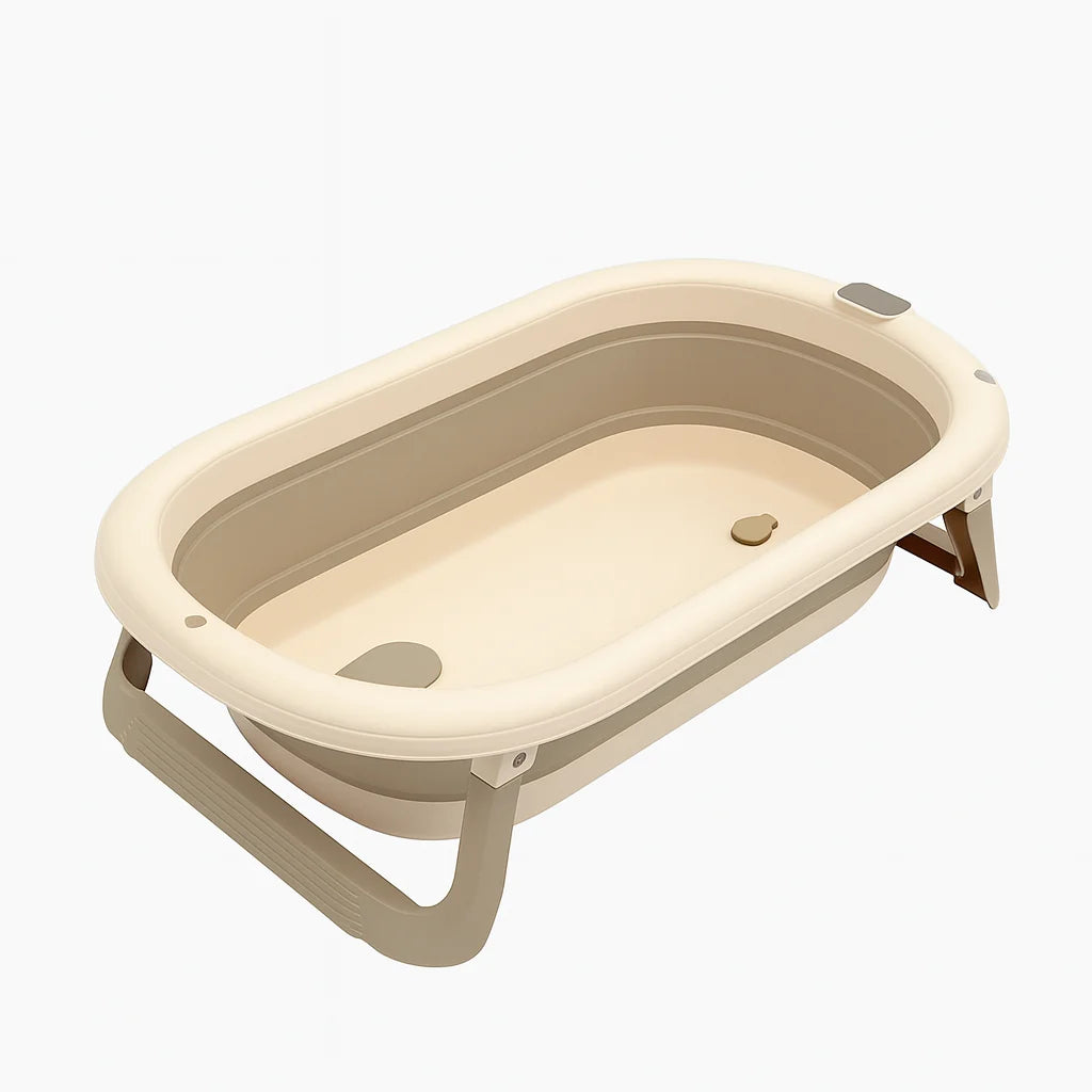 Baignoire Bébé Pliable Beige : vue trois quarts sur fond blanc | BebeSac