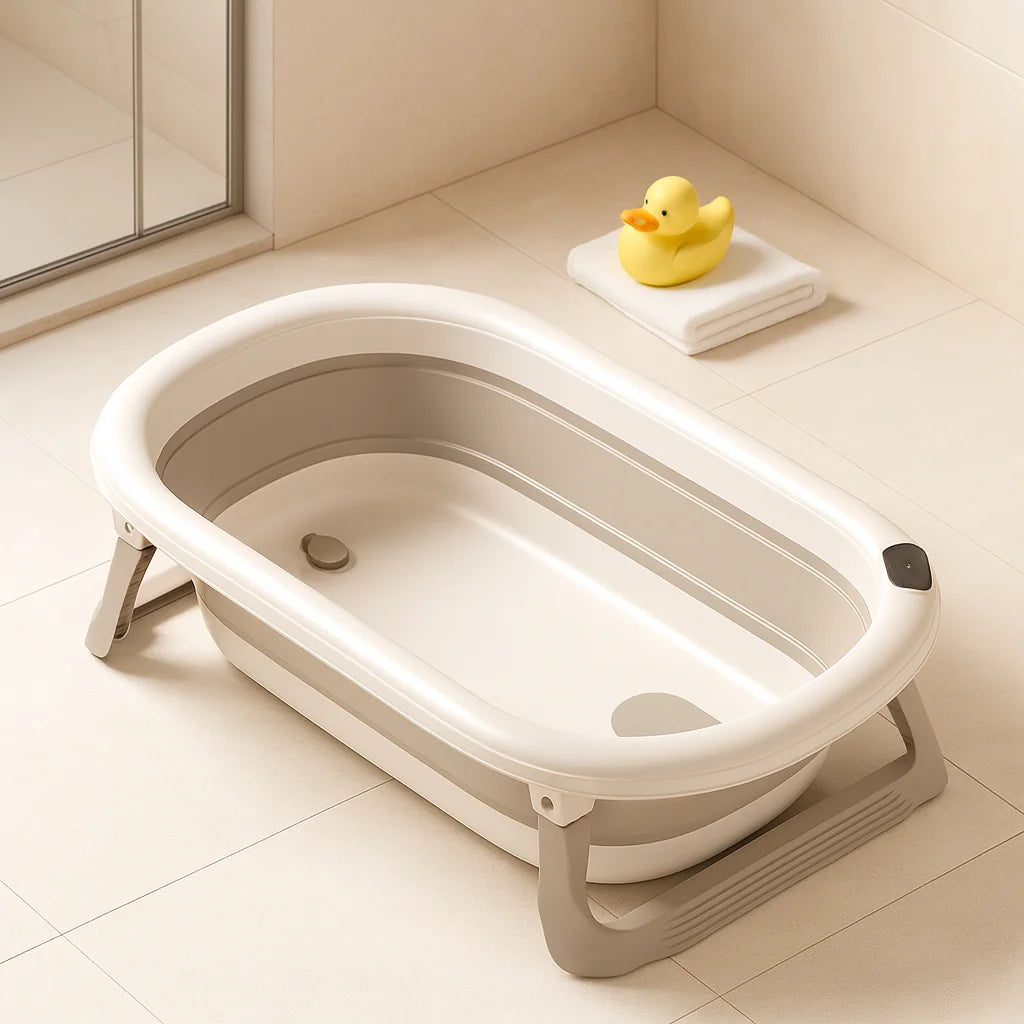 Baignoire Bébé Pliable Beige en situation dans la salle de bain | BebeSac
