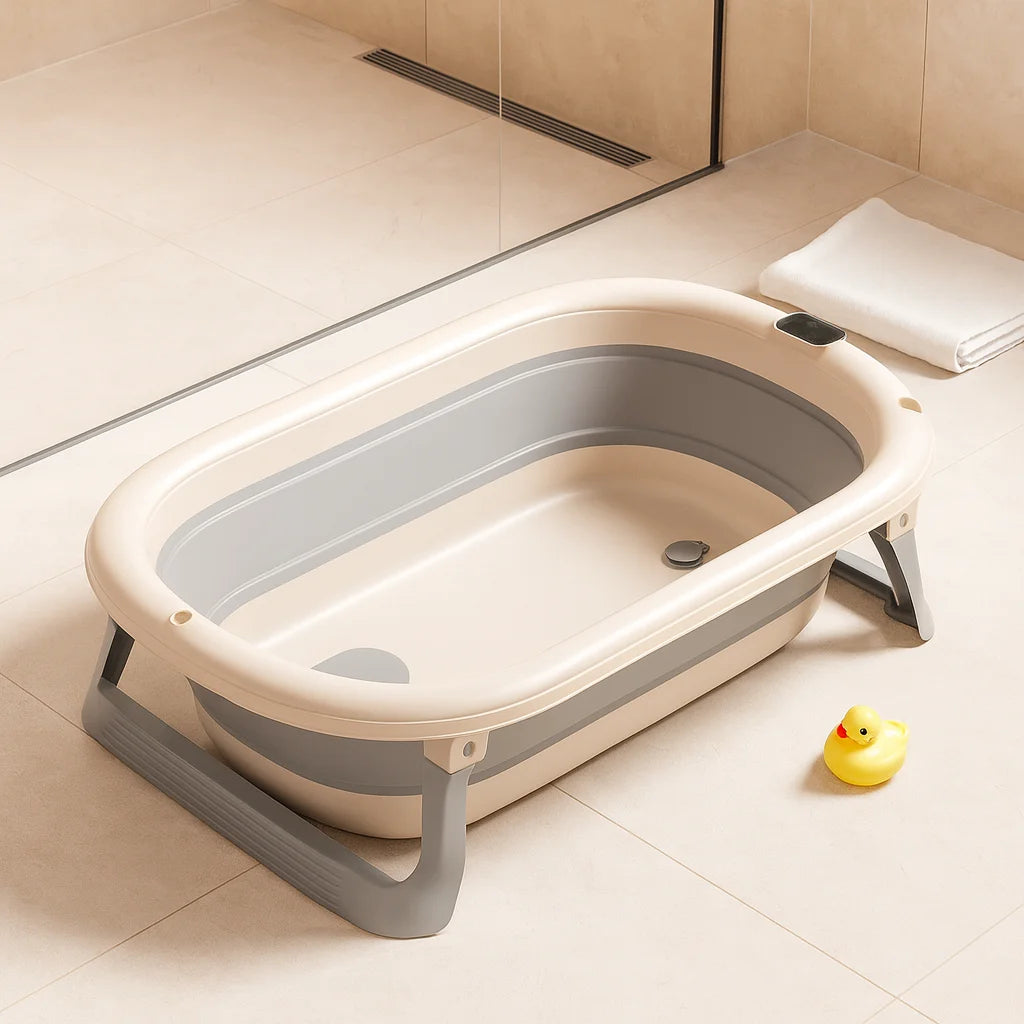 Baignoire Bébé Pliable Gris Volcan en situation dans la salle de bain | BebeSac