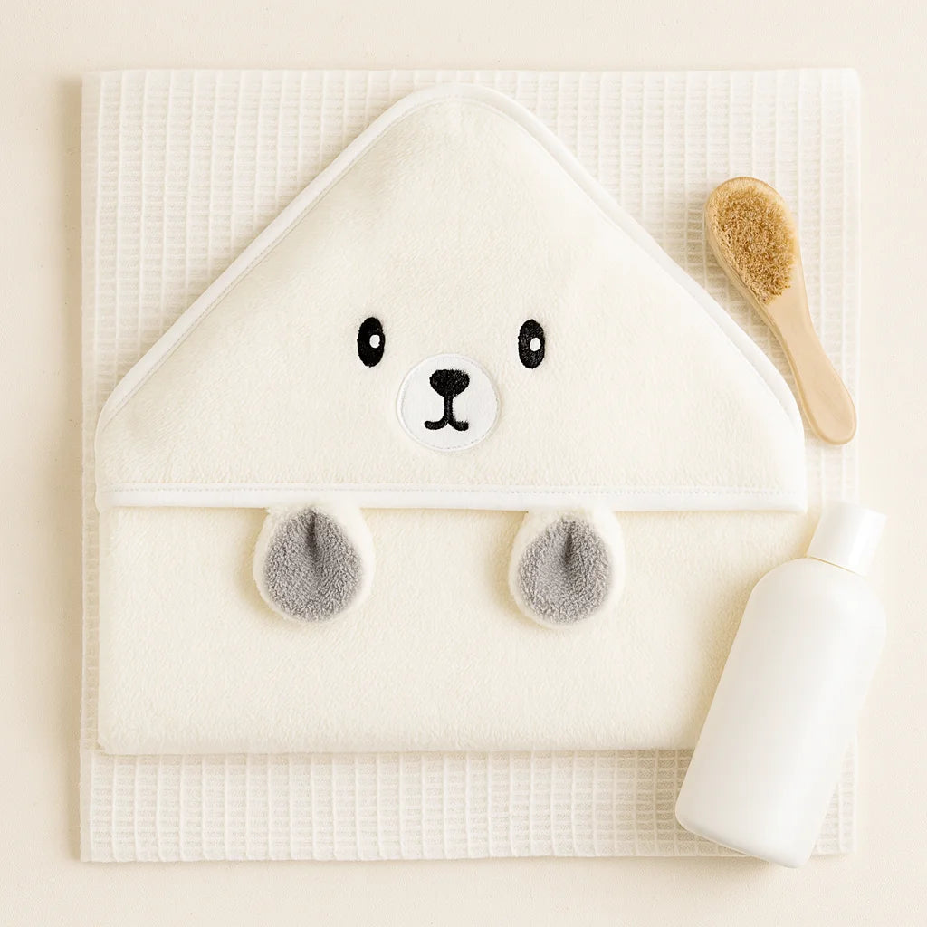 Cape de Bain Ours Blanc : vue complète et rangement | BebeSac