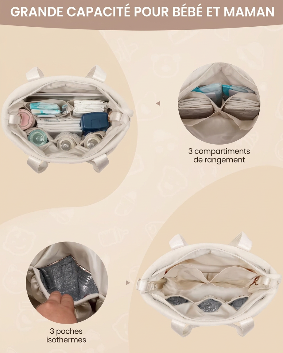 Sac a Langer Matelasse Rose detail interieur et compartiments | sac a langer BebeSac