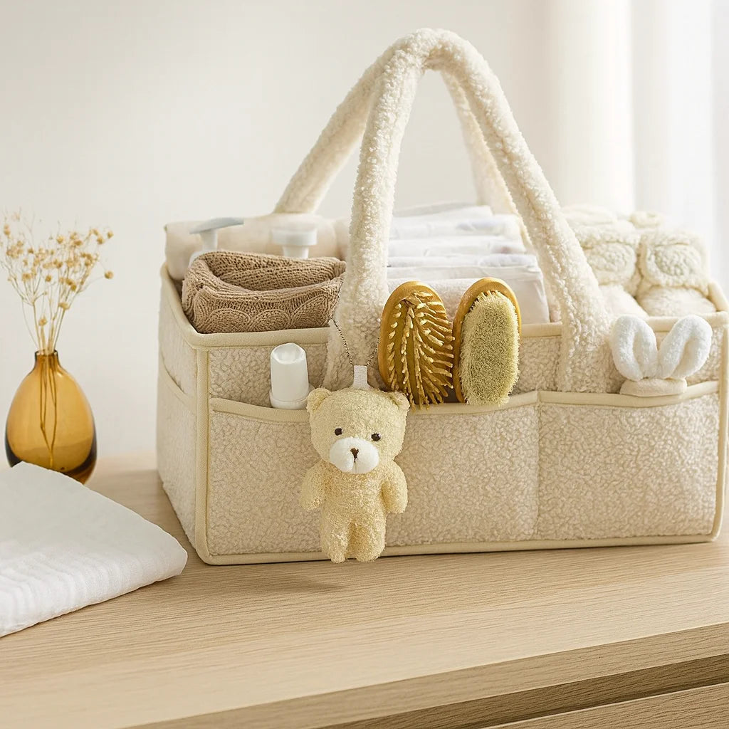 Panier à Langer Teddy Ivoire sur une commode de chambre de bébé | BebeSac