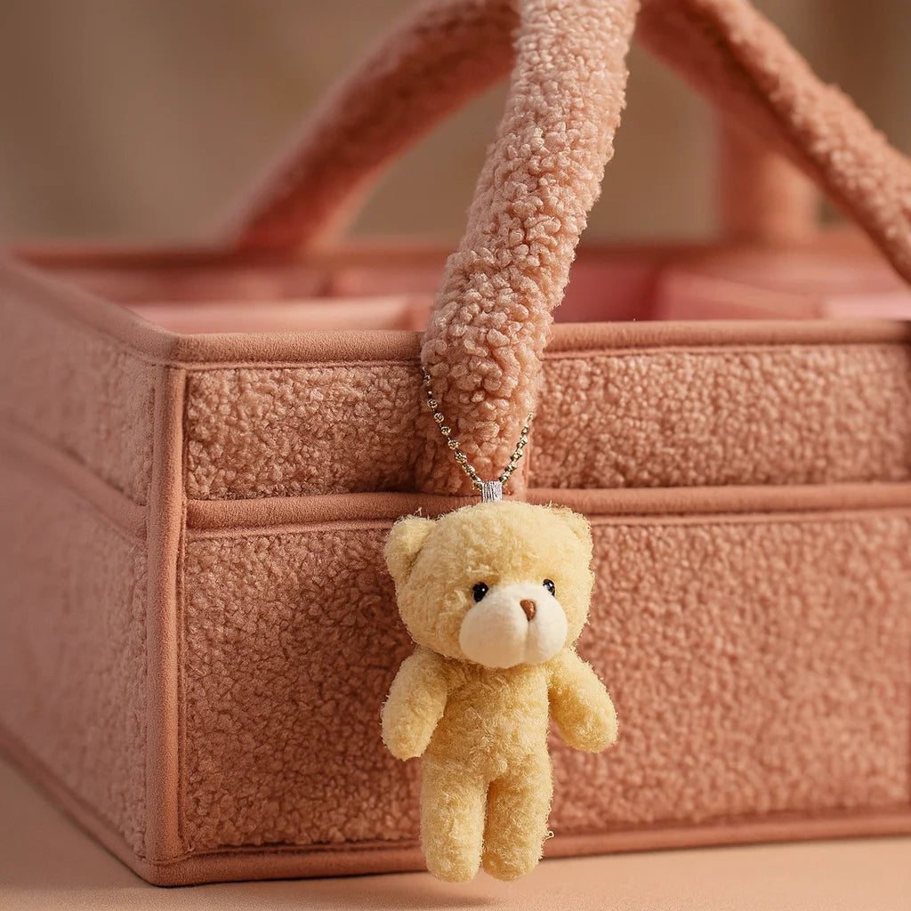 Panier à Langer Teddy Rose Poudré : détail bouclé teddy et nounours | BebeSac