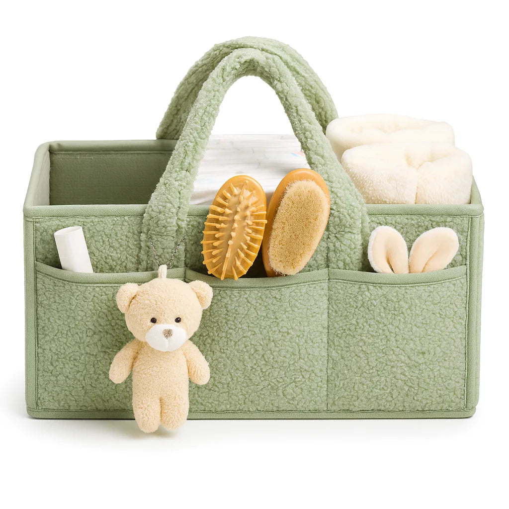 Panier à Langer Teddy Vert Sauge : vue trois quarts sur fond blanc | BebeSac