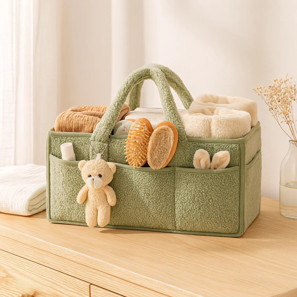 Panier à Langer Teddy Vert Sauge sur une commode de chambre de bébé | BebeSac