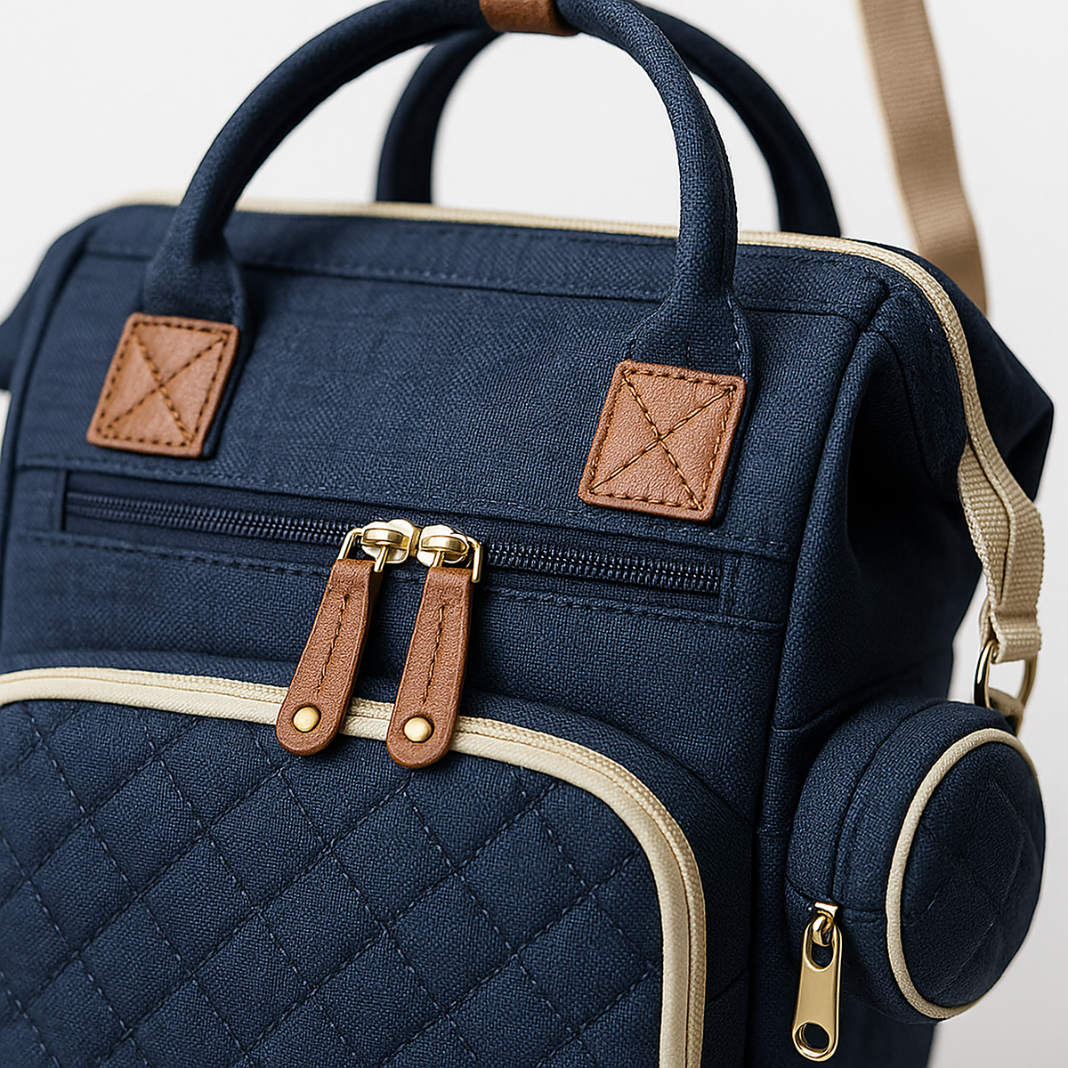 Sac a dos a langer bleu marine - detail cuir et fermeture