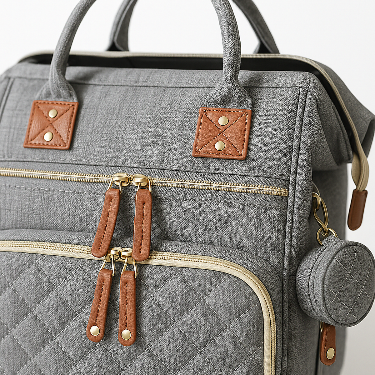 Sac a dos a langer gris chine - detail cuir et fermeture