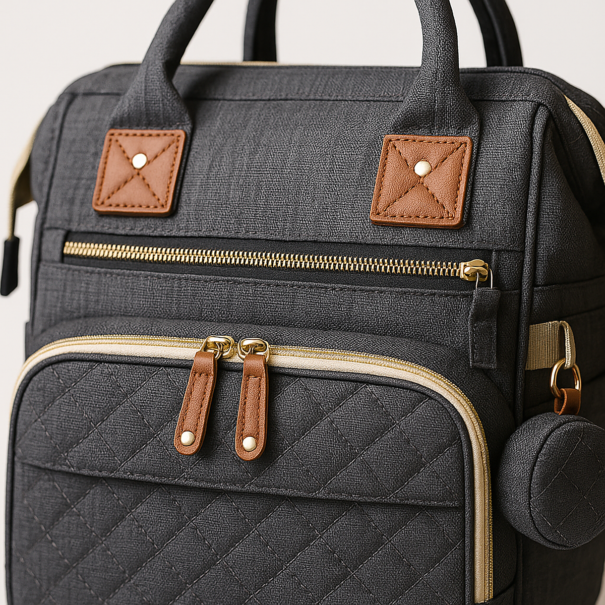 Sac a dos a langer gris fonce - detail cuir et fermeture