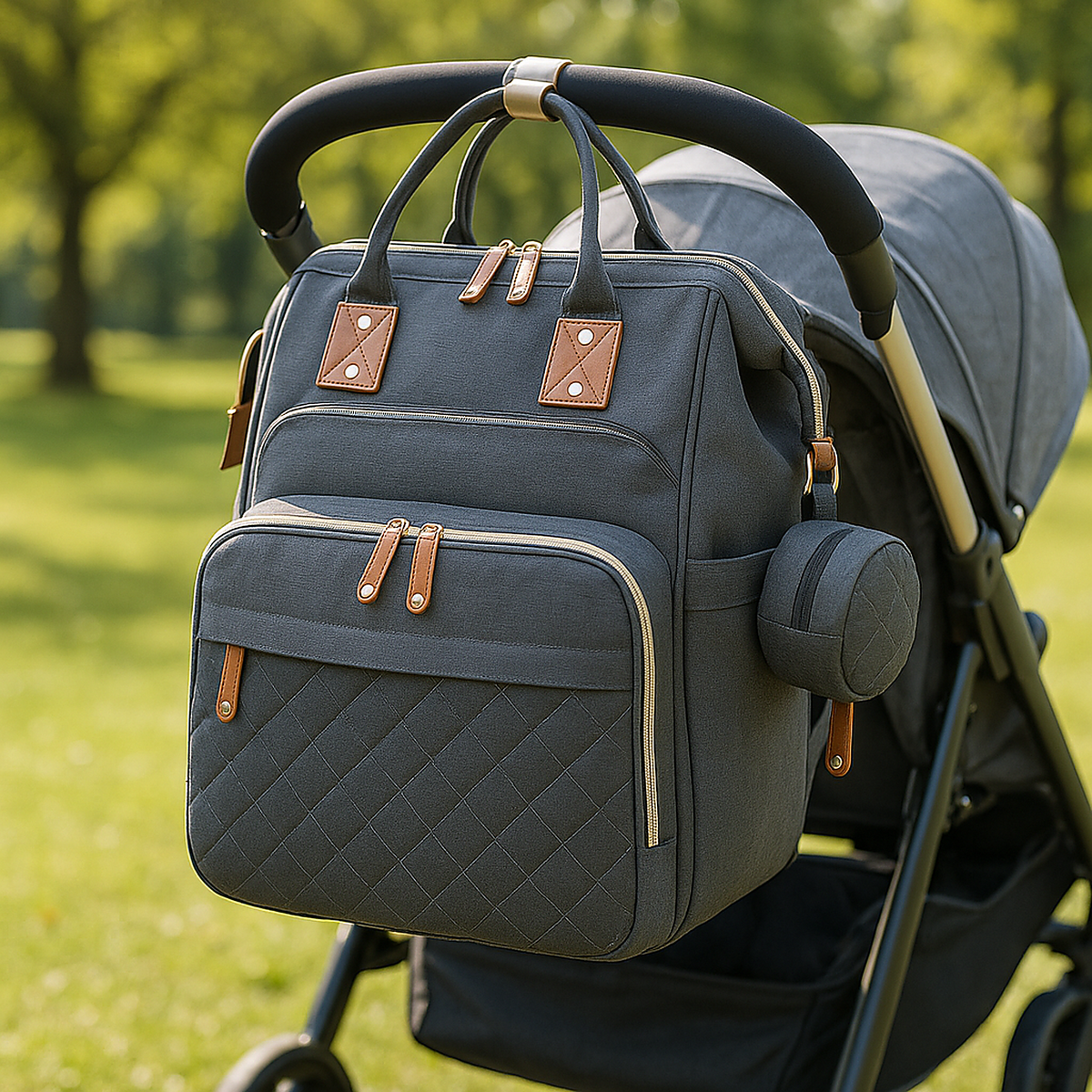 Sac a dos a langer gris fonce - accroche poussette
