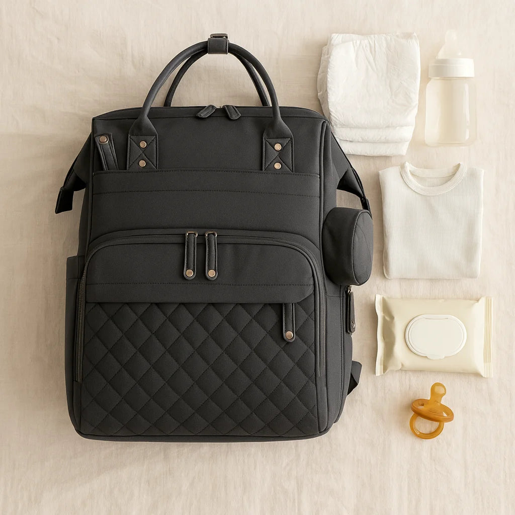 Sac à Dos à Langer Gris Foncé : avec le nécessaire de bébé | BebeSac
