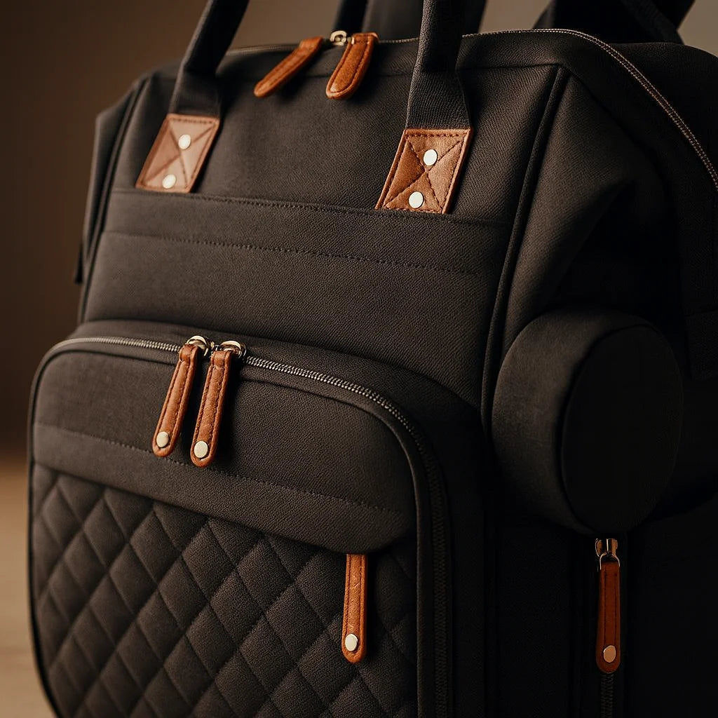 Sac à Dos à Langer Gris Foncé : détail des zips et de la matière | BebeSac