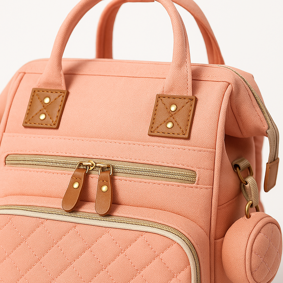 Sac a dos a langer rose - detail cuir et fermeture