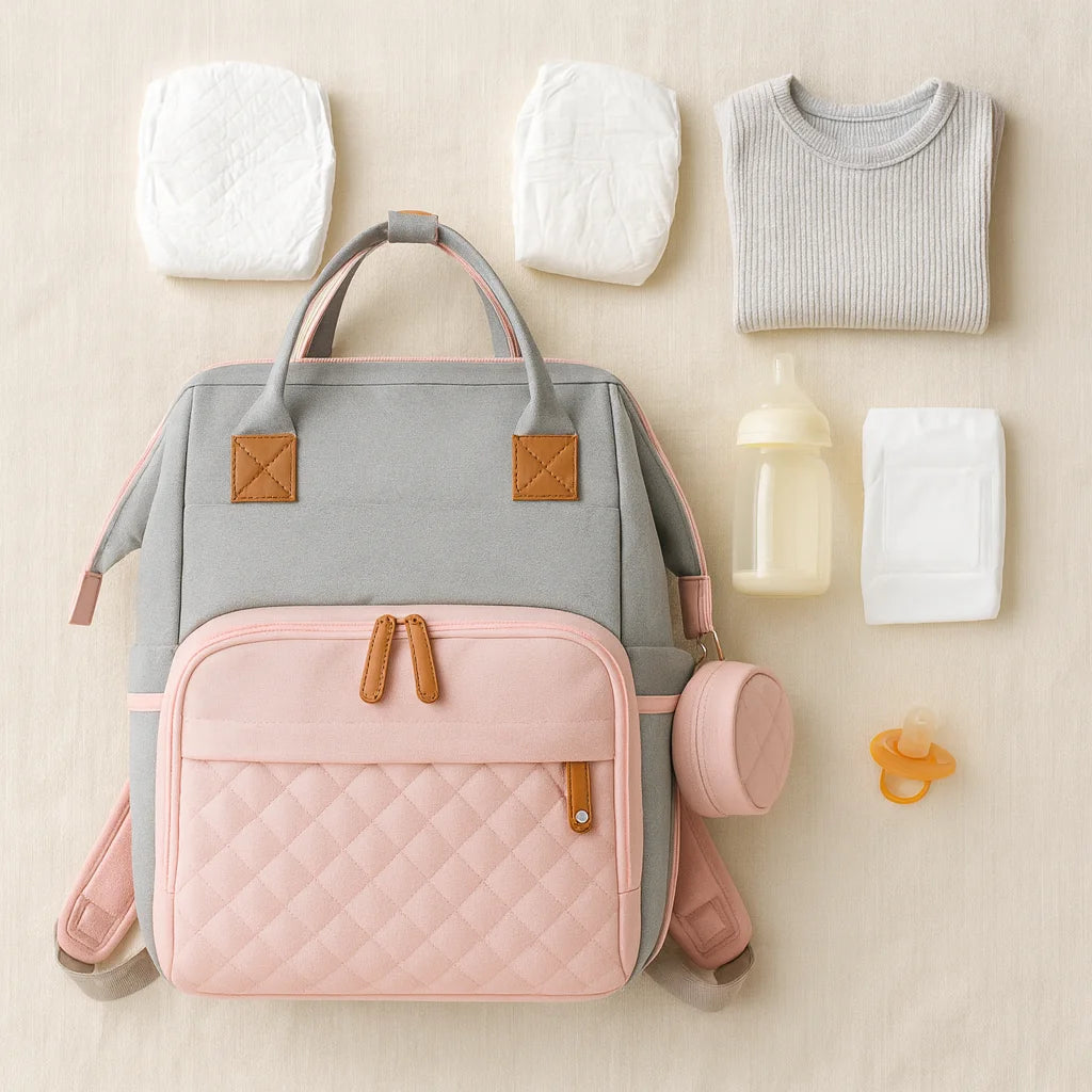 Sac à Dos à Langer Rose et Gris : avec le nécessaire de bébé | BebeSac