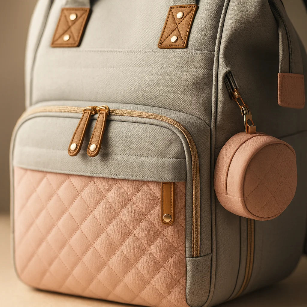 Sac à Dos à Langer Rose et Gris : détail des zips et de la matière | BebeSac