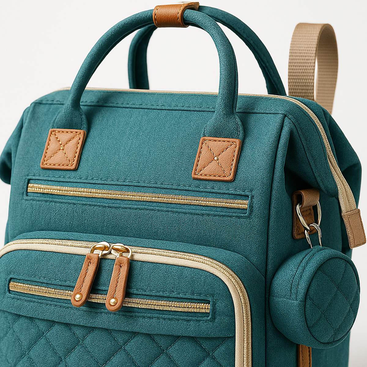 Sac a dos a langer vert - detail cuir et fermeture