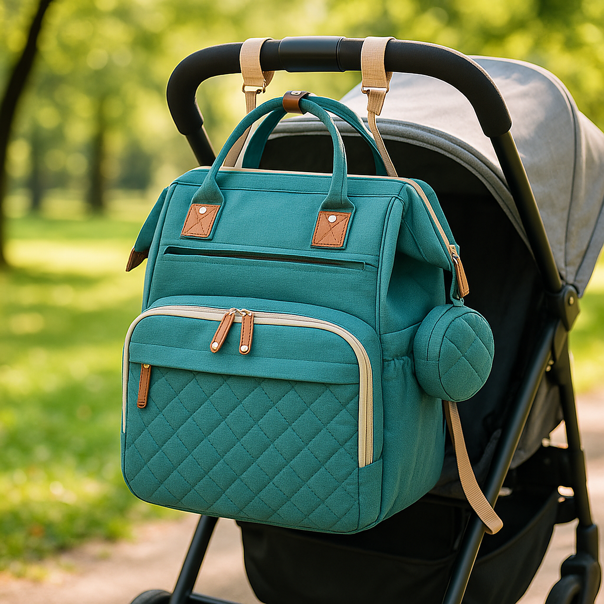 Sac a dos a langer vert - accroche poussette