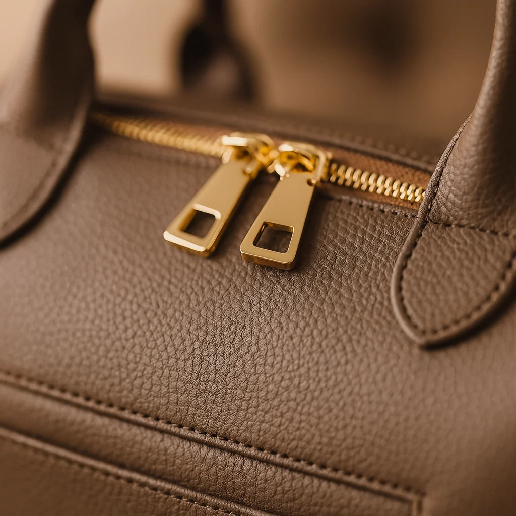 Sac à Langer Cuir Taupe : détail des zips dorés et du grain | BebeSac