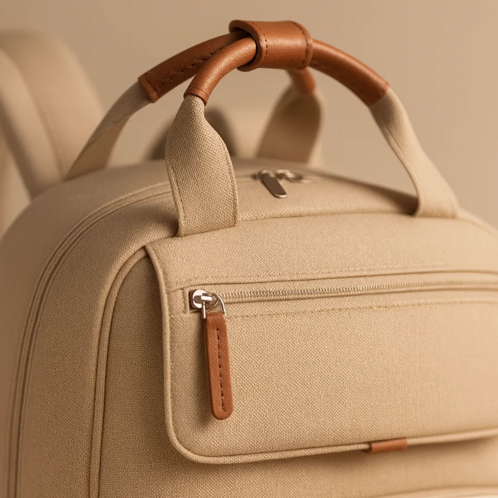 Sac à langer jumeaux extensible : détail des finitions cuir | BebeSac
