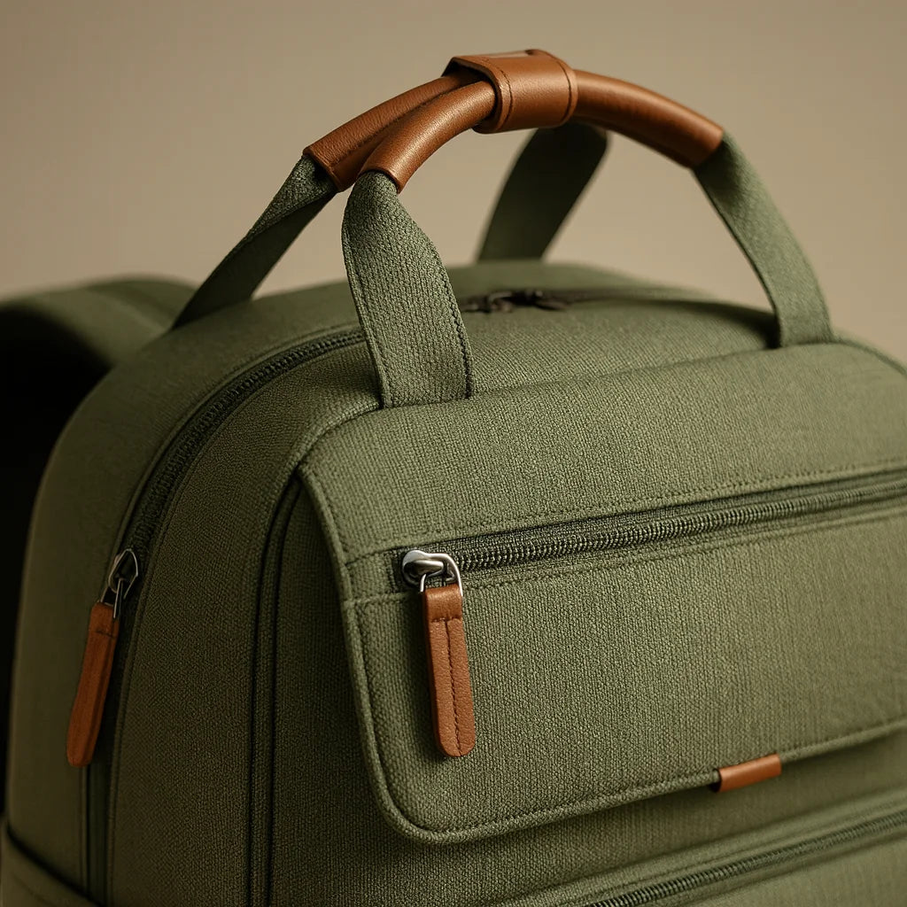 Sac à langer jumeaux extensible : détail des finitions cuir | BebeSac
