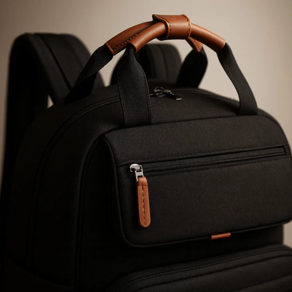 Sac à langer jumeaux extensible : détail des finitions cuir | BebeSac
