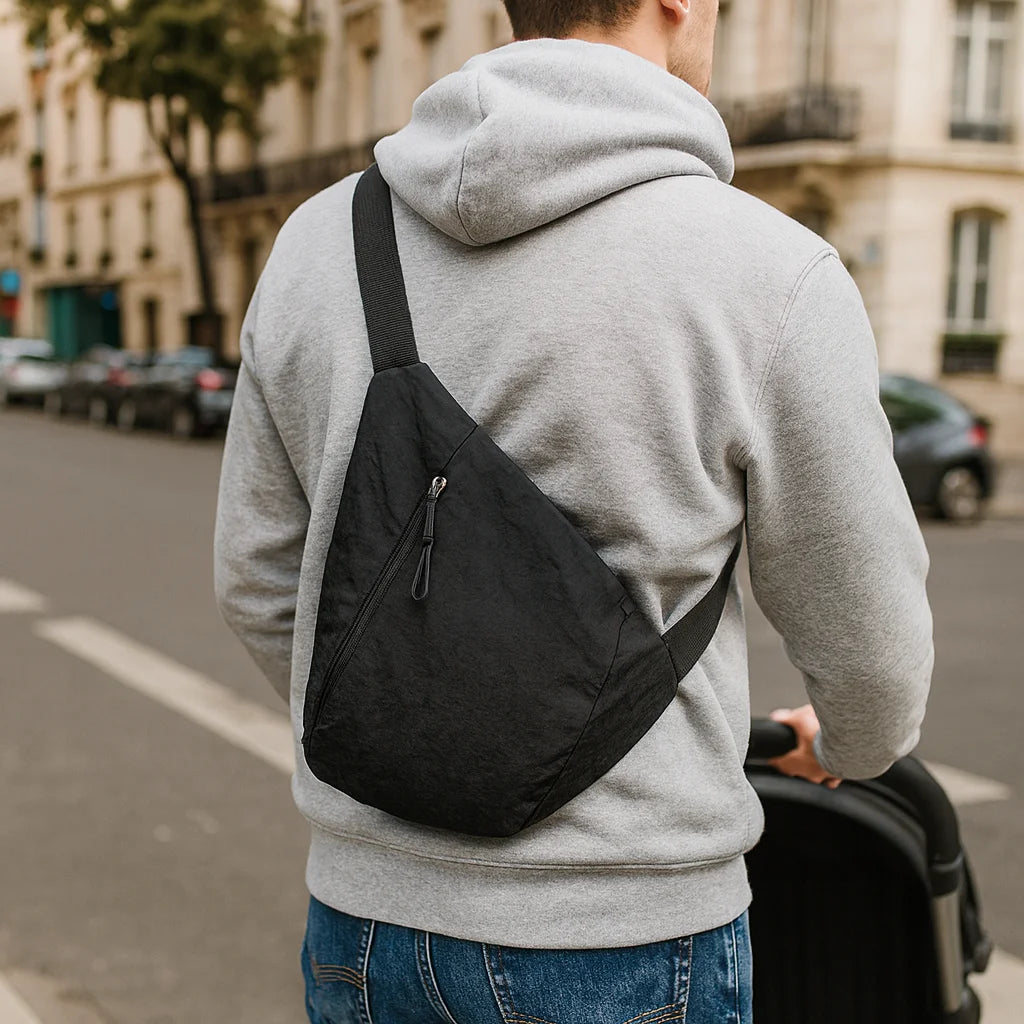 Sac Banane Bandoulière Noir porté en situation | BebeSac