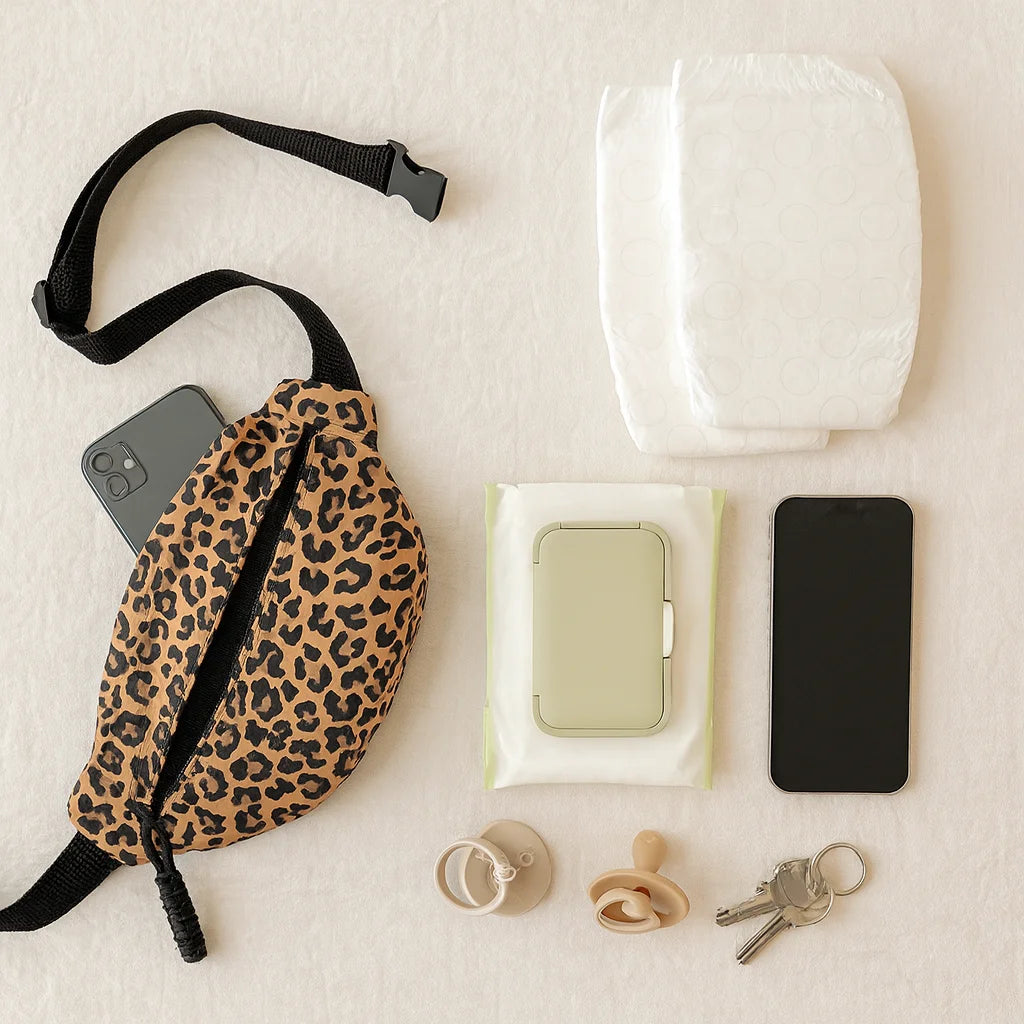 Contenu du sac banane léopard : couches, lingettes, tétine, téléphone | BebeSac